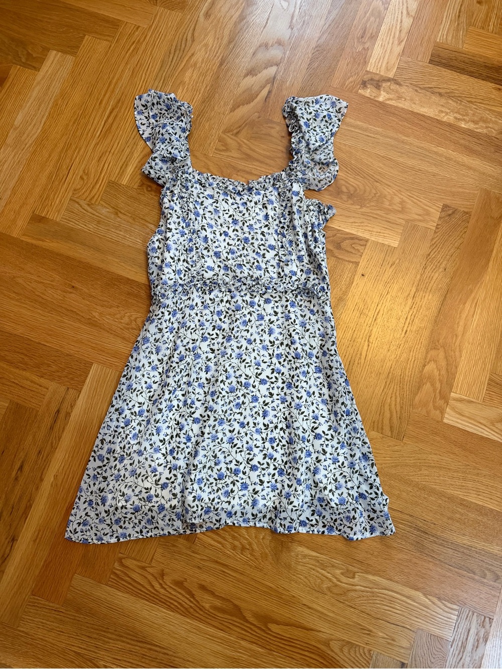 Blue Floral Mini Dress with Ruffle Straps